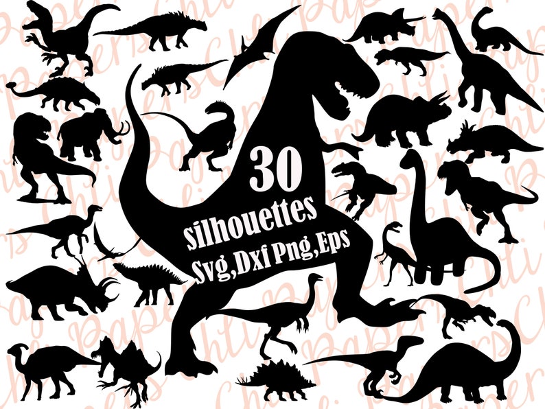 Puede incluir: Siluetas negras de dinosaurios en diversas poses, incluyendo un Tyrannosaurus Rex y un Triceratops. La imagen incluye el texto "30 silhouettes SVG, Dxf, Png, Eps".