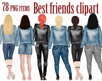 Best Friends Clipart,Jeans and legs,Plus size girls,Bridesmaid clipart,Denim clipart,Girls clipart,Jeans jackets,BFF clipart,Bachelorette