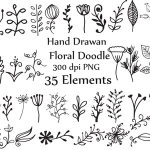 Doodle kwiaty clipart: clipart "DOODLE CLIPART" ręcznie rysowane kwiat liści botaniczny kwiatowy clipartów clipart ślub Diy zaprasza