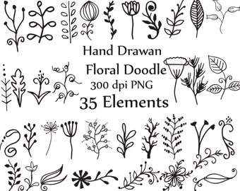 Doodle Flowers Clip Art: "DOODLE CLIPART" Handritad blomma clipart Bladverk Botanisk blommig clipart Bröllops clipart Gör-det-själv inbjudningar