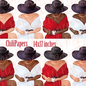 Puede incluir: Hoja de collage digital con ocho ilustraciones de mujeres con sombreros negros y vestidos. Las mujeres sostienen tazas de caf&eacute;. La hoja mide 14x17 pulgadas.