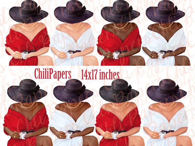 Puede incluir: Hoja de collage digital con ocho ilustraciones de mujeres con sombreros negros y vestidos. Las mujeres sostienen tazas de caf&eacute;. La hoja mide 14x17 pulgadas.