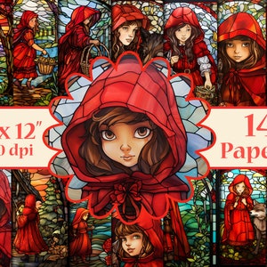 Little Red Riding Hood Digital Papers,Stained Glass digital papers,Stained Glass Digital Backgrounds, Fairytale print, Red Riding Hood Jpg