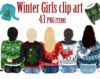 Girl best friend clipart,Winter clipart,Christmas clipart,Holiday clipart,Sweaters clipart,Customizable clipart,BFF Mug design,Ugly sweaters