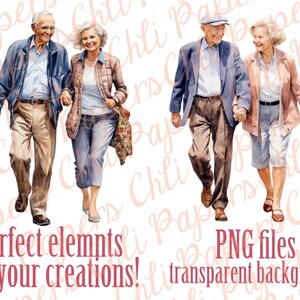 May include: Two older couples walking hand-in-hand. The men are wearing blue shirts, khaki pants, and hats. The women are wearing long-sleeved shirts, pants, and have short hair. The background is white.