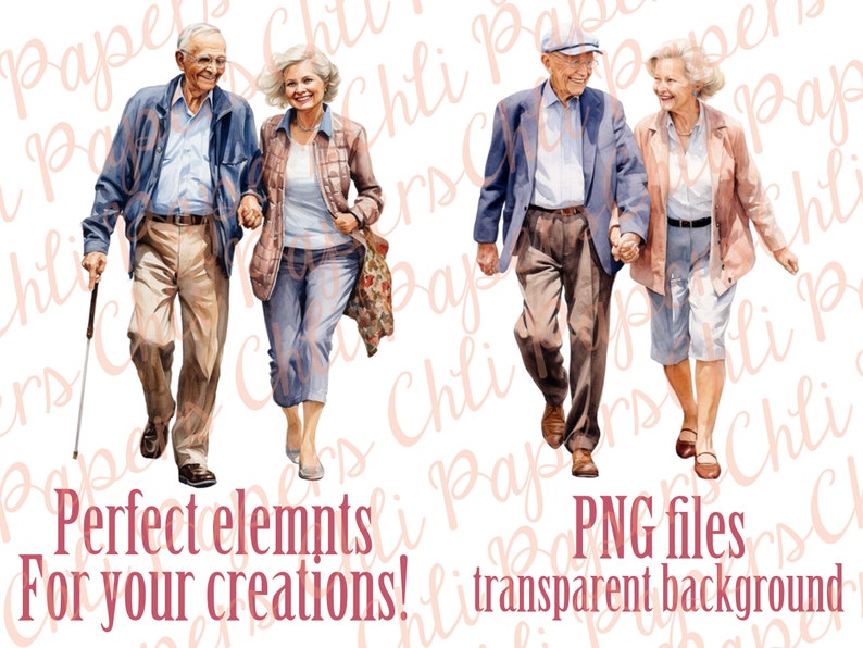 May include: Two older couples walking hand-in-hand. The men are wearing blue shirts, khaki pants, and hats. The women are wearing long-sleeved shirts, pants, and have short hair. The background is white.