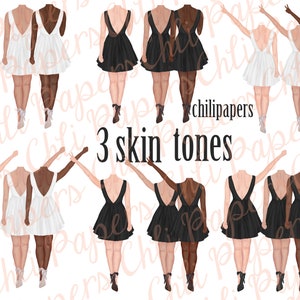 May include: Three illustrations of women wearing different dresses. The women are wearing white dresses, black dresses, and white dresses. The women are standing with their arms raised in the air. The text "3 skin tones" is written below the illustrations.