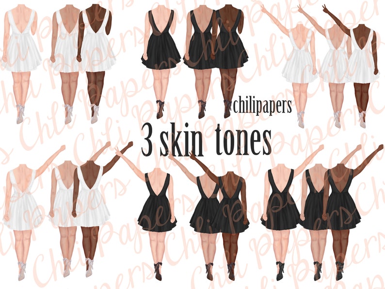 May include: Three illustrations of women wearing different dresses. The women are wearing white dresses, black dresses, and white dresses. The women are standing with their arms raised in the air. The text "3 skin tones" is written below the illustrations.