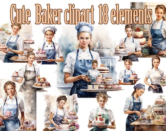 Puede incluir: Un conjunto de 18 ilustraciones de acuarela que representan a panaderos en varias poses, incluyendo sosteniendo pasteles, decorando pasteles y trabajando en una panadería. Las ilustraciones son de estilo caprichoso y presentan una variedad de colores, incluyendo azul, rosa y verde.
