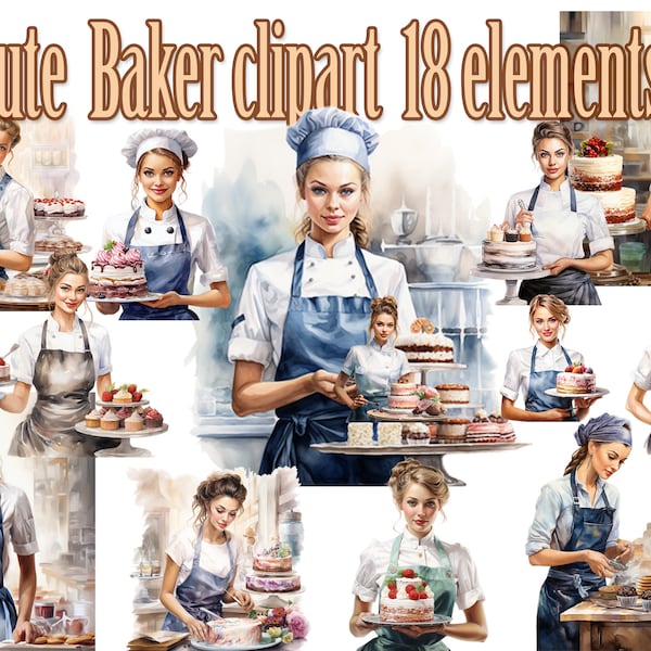 Bakery clipart,Baker girl Png,Breadmaker clipart,Pastry Chef clipart,Cake Dessert clipart,Chef Profession Png,Cute Baker girl,Watercolor Png