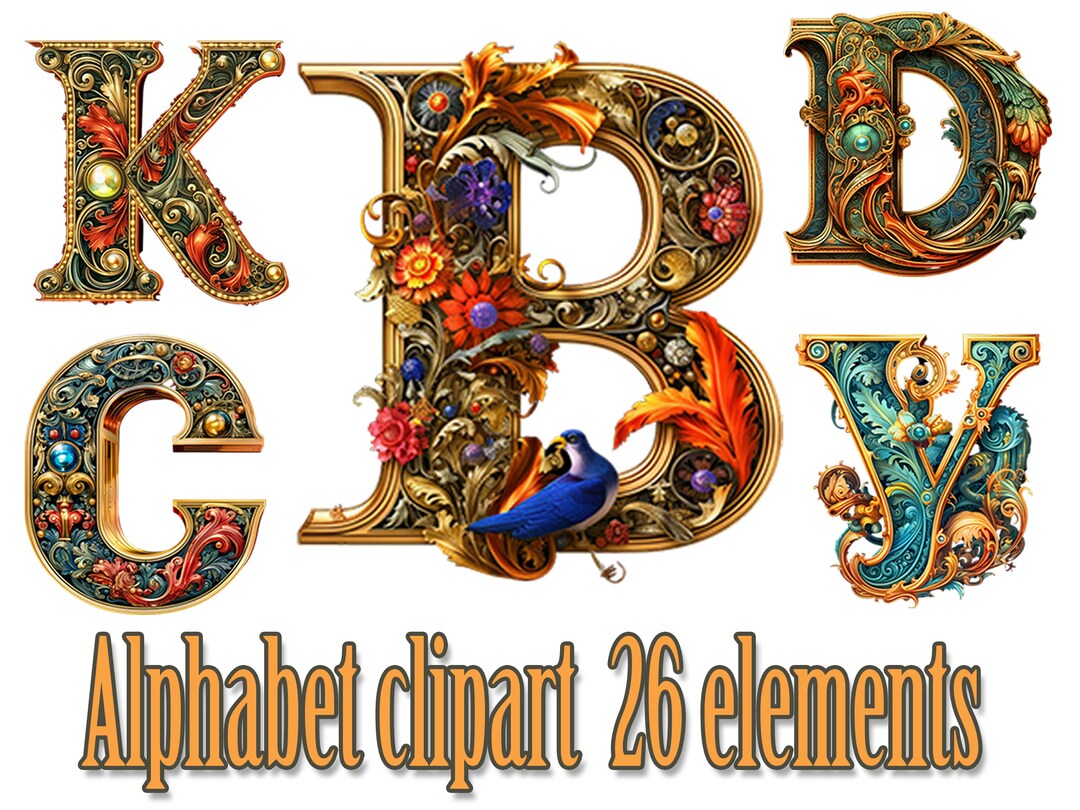 Medieval Alphabet Clipart,illuminated Letters Png,floral Lettering