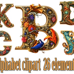 Medieval Alphabet Clipart,Illuminated Letters png,Floral Lettering,Monogram clipart,Medieval Manuscript,Art Nouveau Alphabet,Letters clipart