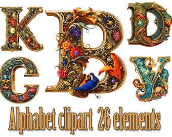 Medieval Alphabet Clipart,Illuminated Letters png,Floral Lettering,Monogram clipart,Medieval Manuscript,Art Nouveau Alphabet,Letters clipart