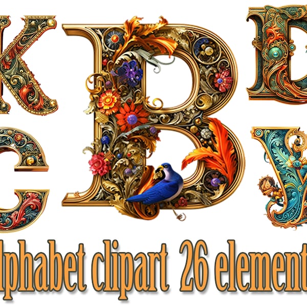 Alphabet médiéval Clipart, lettres illuminées png, lettrage floral, monogramme clipart, manuscrit médiéval, Alphabet Art Nouveau, lettres clipart