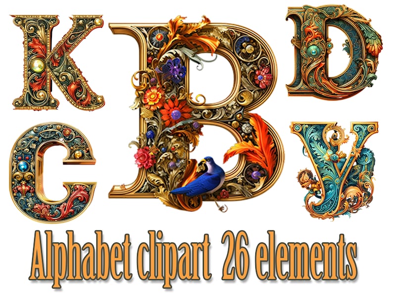 May include: Ornate alphabet clipart featuring the letters K, B, D, C, and V. Each letter is intricately designed with gold, red, blue, and green floral and ornamental details. A blue bird is perched on the letter B. The text "Alphabet clipart 26 elements" is displayed below.