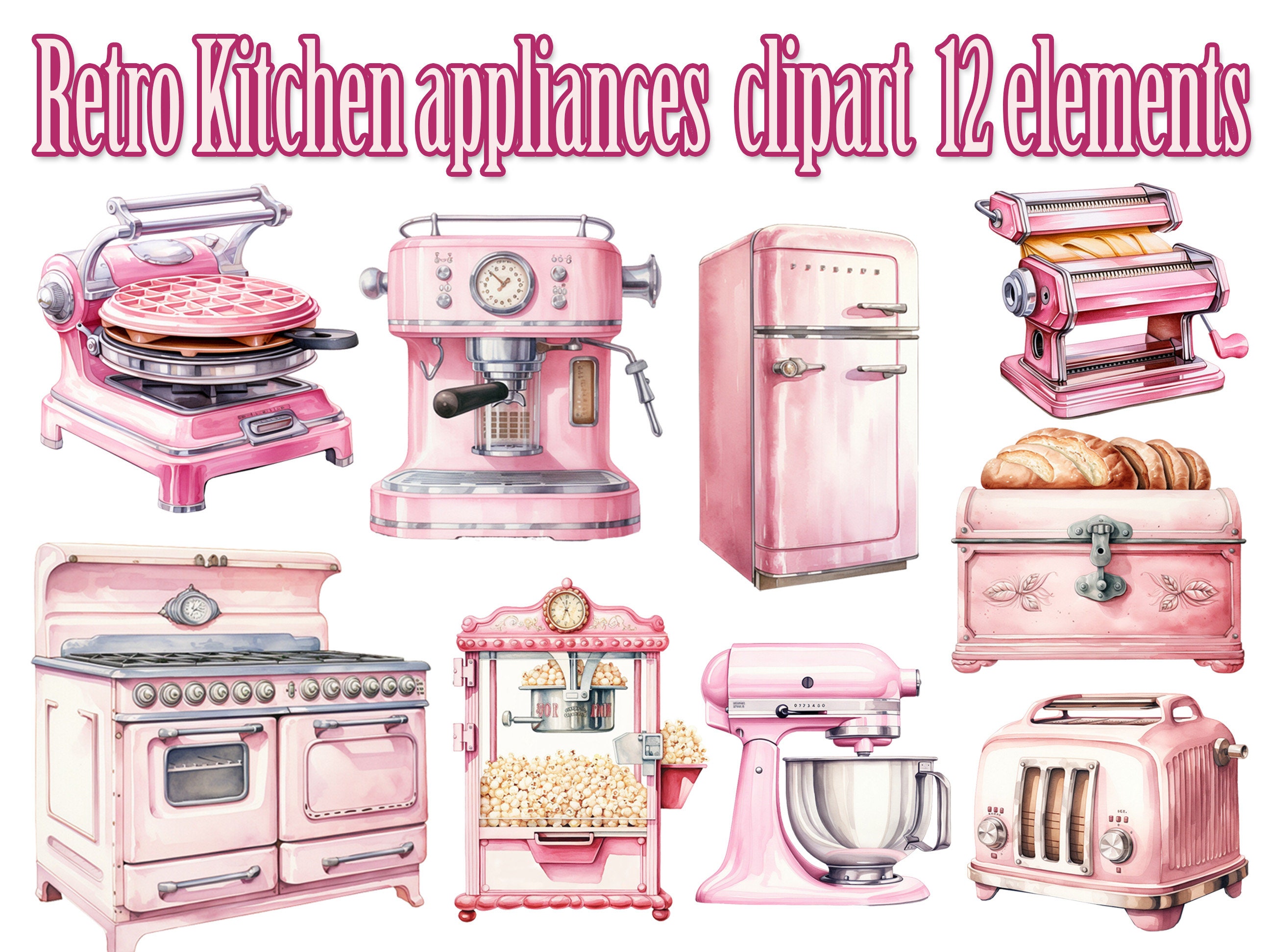 Retro Kitchen Appliance Clipart,Retro Pink Clipart,Household  Objects,Watercolor clipart,Vintage Kitchen Png,Kitchen Stickers,Retro Fridge