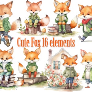 Clipart de renard mignon, aquarelle renard Png, png animal des bois, bébé animal design, personnage de renard mignon, décor de pépinière, retour à l’école, sublimation de renard