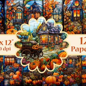 May include: Twelve 12" x 12" digital papers featuring a stained glass style design with pumpkins, houses, and fall foliage.  The papers are 300 dpi.