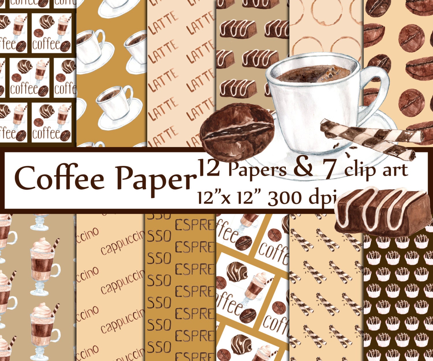 Download Coffee digital paper: COFFEE PAPERS Coffee clipart | Etsy