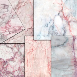 May include: A collage of six different marble textures in shades of pink, white, and gray. The marble has a veined pattern.