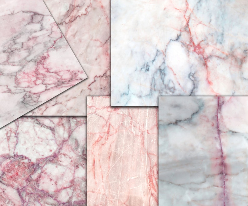 May include: A collage of six different marble textures in shades of pink, white, and gray. The marble has a veined pattern.