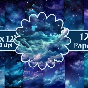 Pode incluir: Doze papéis digitais com um céu noturno estrelado com nuvens em tons de azul, roxo e branco. Os papéis medem 30,48 cm por 30,48 cm e 300 dpi.