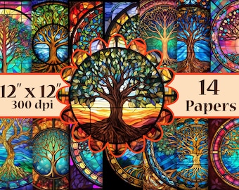 Tree of Life glas-in-lood digitale papers, gebrandschilderd glas digitale achtergronden, mozaïek papier, Crafting Papers, levendige kleur ontwerpen, decoupage papier