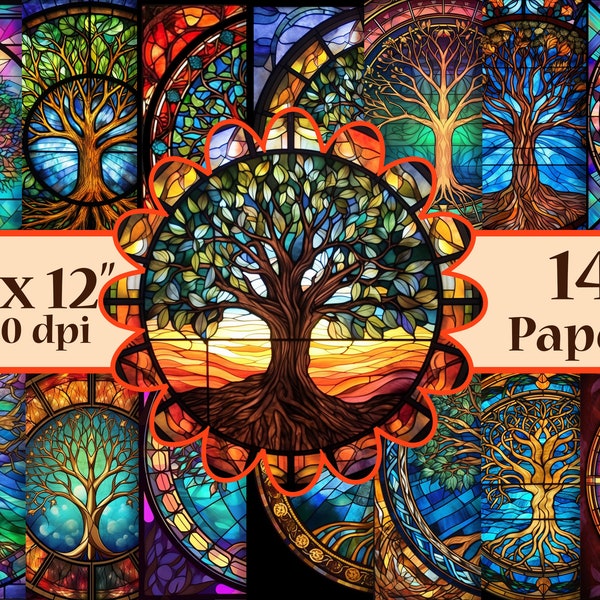 Tree of Life stained glass digital papers,Stained Glass Digital Backgrounds,Mosaic Paper,Crafting Papers,Vivid Color Designs,decoupage paper