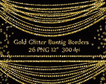 Gold Glitter borders: "BUNTING CLIPART" Photo Overlay Glitter strings  Gold Clip Art Banner Clip Art  gold bunting glitter banners clipart