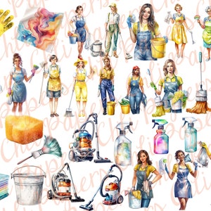 May include: A set of watercolor illustrations featuring cleaning supplies and women in various cleaning outfits. The illustrations include a mop, broom, bucket, sponge, spray bottle, vacuum cleaner, and cleaning cloths. The women are wearing overalls, dresses, and aprons. The illustrations are perfect for creating digital products, such as stickers, clipart, and printable art.