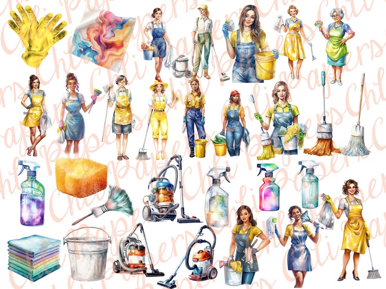 May include: A set of watercolor illustrations featuring cleaning supplies and women in various cleaning outfits. The illustrations include a mop, broom, bucket, sponge, spray bottle, vacuum cleaner, and cleaning cloths. The women are wearing overalls, dresses, and aprons. The illustrations are perfect for creating digital products, such as stickers, clipart, and printable art.