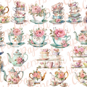 May include: A collection of watercolor illustrations featuring teacups, teapots, and floral arrangements. The illustrations are in shades of pink, blue, and green, with delicate details and a vintage aesthetic.