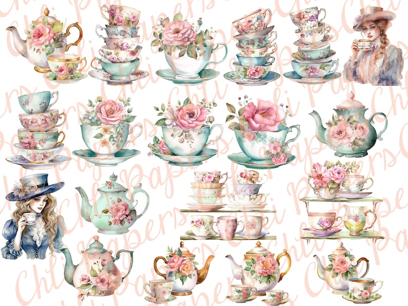 May include: A collection of watercolor illustrations featuring teacups, teapots, and floral arrangements. The illustrations are in shades of pink, blue, and green, with delicate details and a vintage aesthetic.
