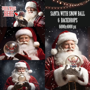 Magia del globo di neve di Babbo Natale, Babbo Natale con lo sfondo digitale natalizio del globo di neve, modello Photoshop di Babbo Natale, composito di sfondo festivo