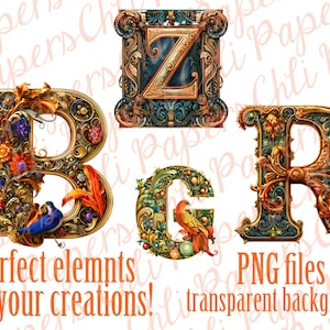 May include: Ornate, vintage-style letters B, Z, G, and R in gold, teal, and bronze. Each letter is decorated with floral and bird motifs. Text reads "Perfect elements For your creations! PNG files transparent background."