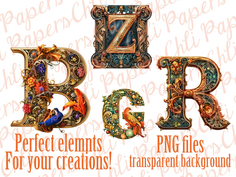 May include: Ornate, vintage-style letters B, Z, G, and R in gold, teal, and bronze. Each letter is decorated with floral and bird motifs. Text reads "Perfect elements For your creations! PNG files transparent background."
