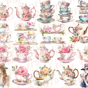 May include: Watercolor illustration of teacups, saucers, and teapots in pastel colors. The teacups and teapots are decorated with floral designs. Some teacups are stacked. The overall theme is vintage and elegant.