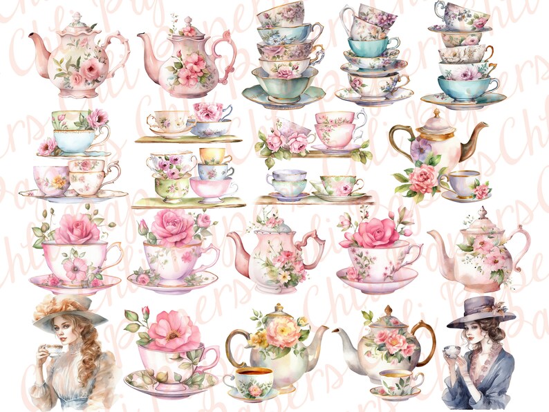 May include: Watercolor illustration of teacups, saucers, and teapots in pastel colors. The teacups and teapots are decorated with floral designs. Some teacups are stacked. The overall theme is vintage and elegant.