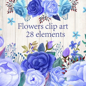 Watercolor flowers clip art,Blue flowers,Peonies flowers,Separate flowers,DIY wedding,Invitation clipart,Designers resource,Floral clipart