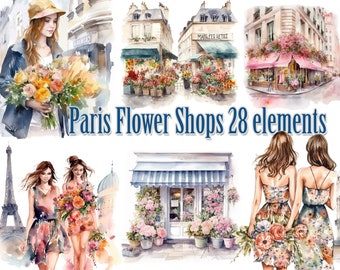 May include: Watercolor illustration of Parisian flower shops with women holding bouquets. The illustration features a variety of flowers, including roses, lilies, and hydrangeas. The shops are decorated with colorful awnings and floral arrangements. The Eiffel Tower is visible in the background.