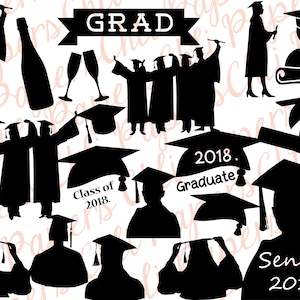 May include: Black and white silhouette images of graduating students wearing caps and gowns. The text "GRAD 2018: Graduate" is included in the image.