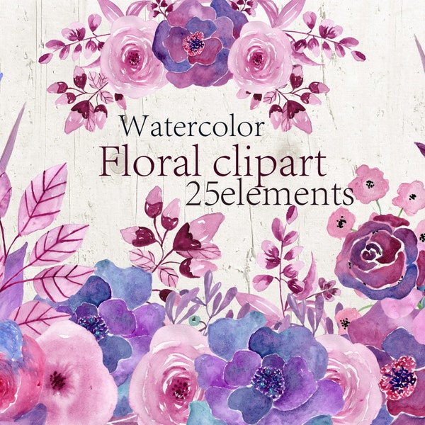 Watercolor floral clipart Flower clipart Wedding clipart Invitation clipart Watercolour clip art Handpainted flowers Purple Pink flowers