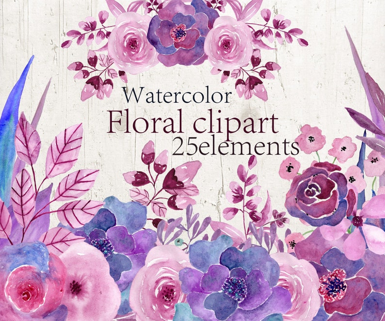 Watercolor Floral Clipart Flower Clipart Wedding Clipart Invitation Clipart Watercolour Clip Art Handpainted Flowers Purple Pink Flowers Clip Art Art Collectibles Poligon Com