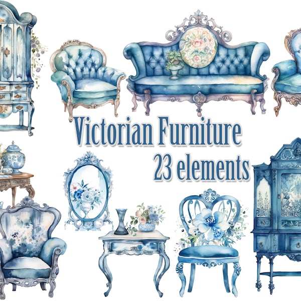 Imágenes Prediseñadas de muebles, muebles victorianos, imágenes prediseñadas de tocador, muebles antiguos, muebles azules, muebles de acuarela, silla victoriana, decoración de interiores