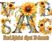 Sunflower Alphabet clipart,Floral Letters Png,Sunflower monogram Png,Watercolor Alphabet png,Wedding letters png,Floral letters clipart ,
