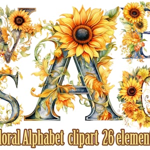 Imágenes Prediseñadas del alfabeto de girasol, letras florales Png, monograma de girasol Png, alfabeto de acuarela png, letras de boda png, imágenes prediseñadas de letras florales,