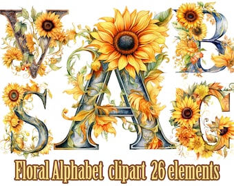 Sunflower Alphabet clipart,Floral Letters Png,Sunflower monogram Png,Watercolor Alphabet png,Wedding letters png,Floral letters clipart ,