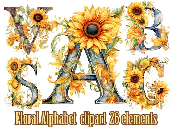 Sunflower Alphabet clipart,Floral Letters Png,Sunflower monogram Png,Watercolor Alphabet png,Wedding letters png,Floral letters clipart ,