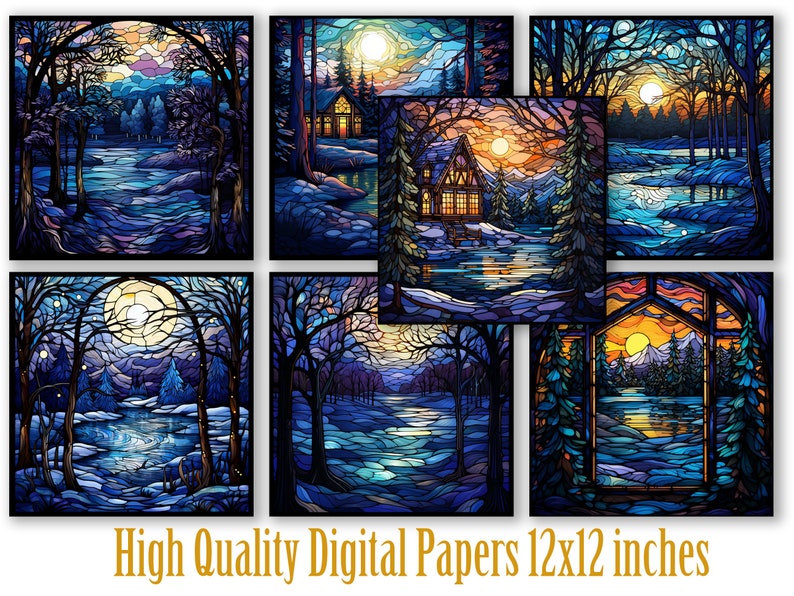 Stained Glass Digital Papers,night Lake Paper, Stained Glass Digital