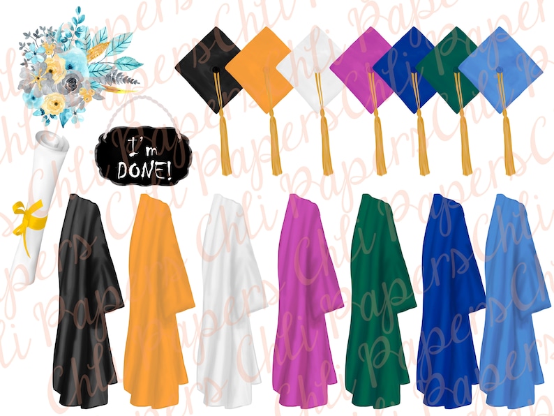 May include: A set of graduation cap and gown clipart in various colors, including black, orange, white, pink, green, blue, and light blue. The set also includes a bouquet of flowers, a diploma, and a chalkboard sign that says "I'm Done!"